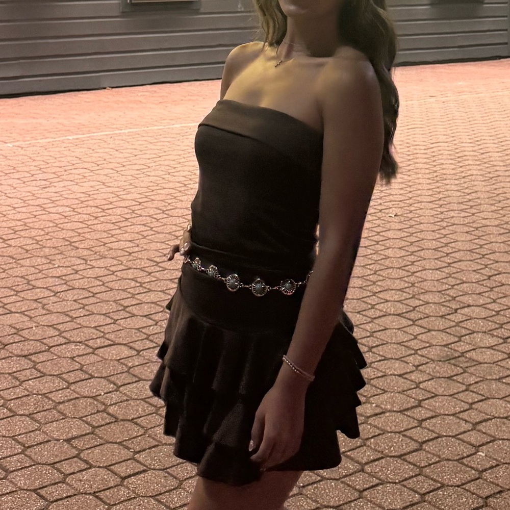 Brown strapless mini dress